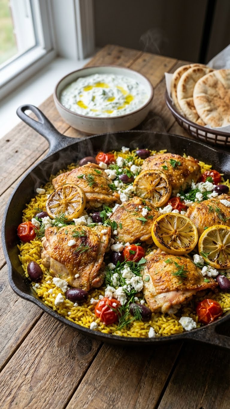 A large cast iron skillet filled with lemon-turmeric rice, topped with crispy chicken thighs, olives, tomatoes, feta, and fresh herbs.