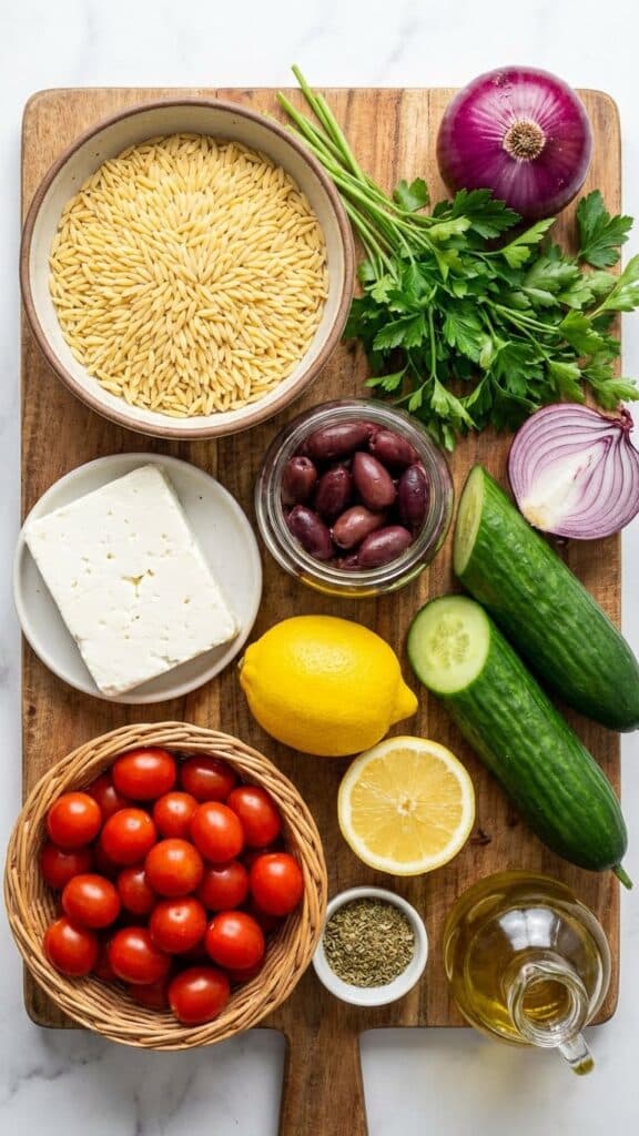 Mediterranean staples coming together. 🫒🍋 I love this salad because I usually have most of these ingredients in my pantry. Just boil some orzo, chop some veggies, and you have a healthy lunch ready for the week. #MiseEnPlace #PantryStaples #GreekFood #HealthyLunch #CookingFromScratch