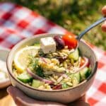 A hand holding a bowl of Greek orzo salad at a picnic, with a spoon lifting a bite.