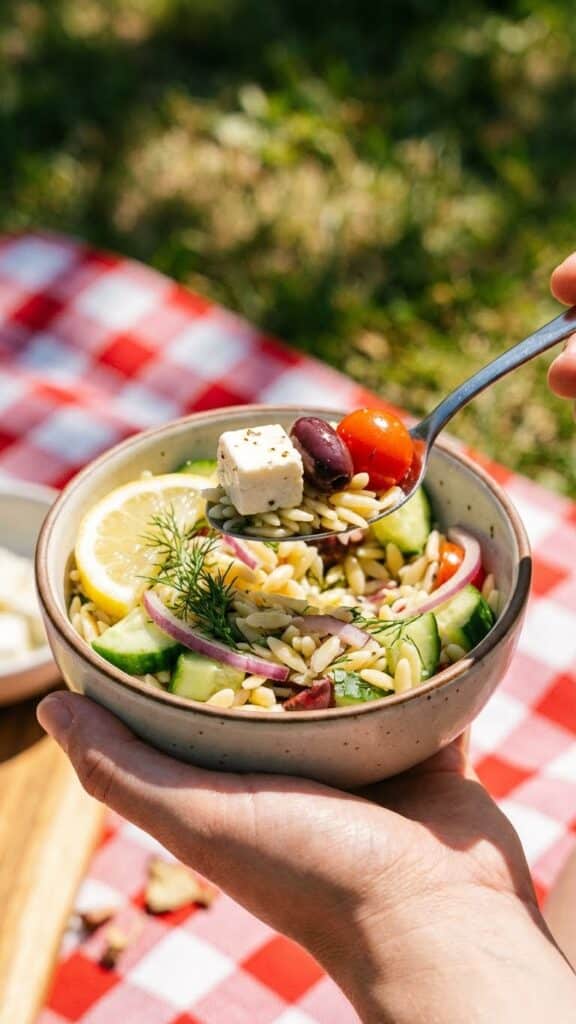 A hand holding a bowl of Greek orzo salad at a picnic, with a spoon lifting a bite.