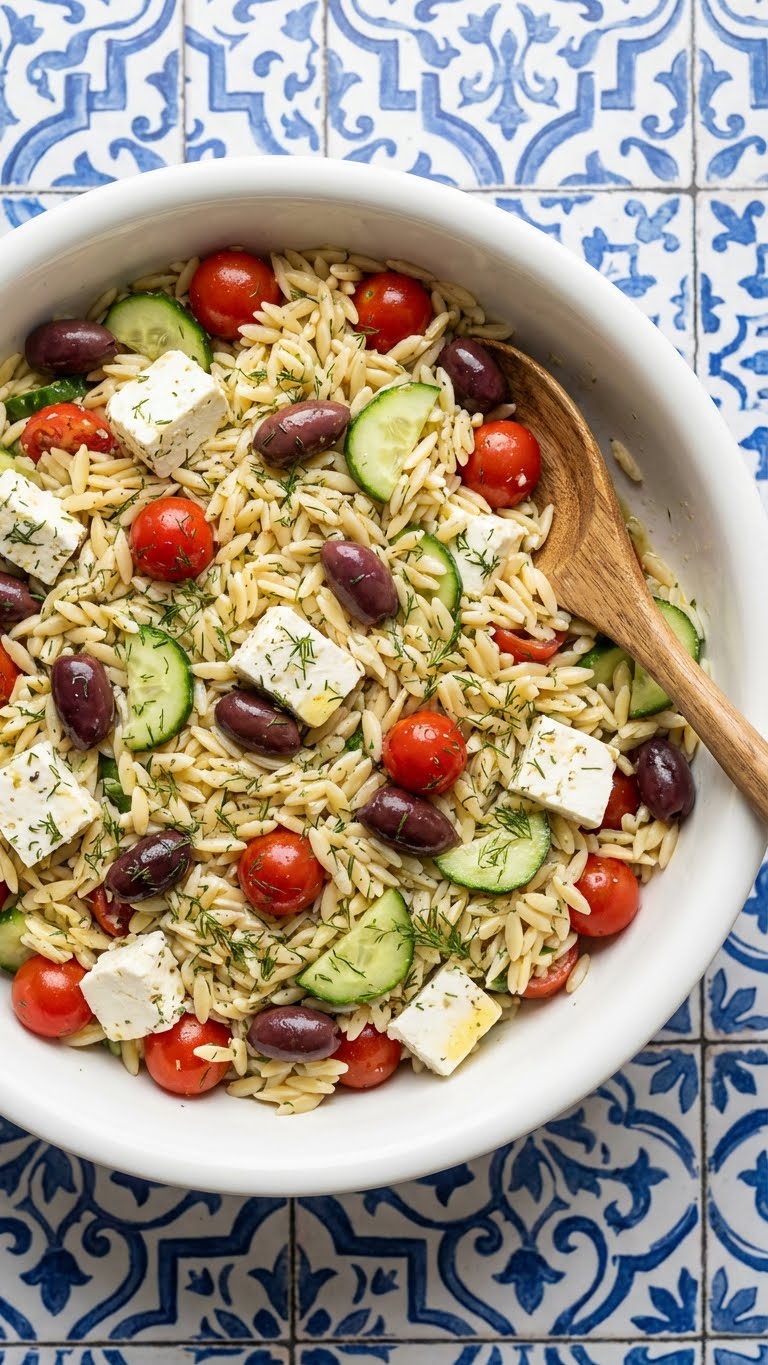 A large bowl of orzo pasta salad with tomatoes, olives, and feta cheese on a tiled table.