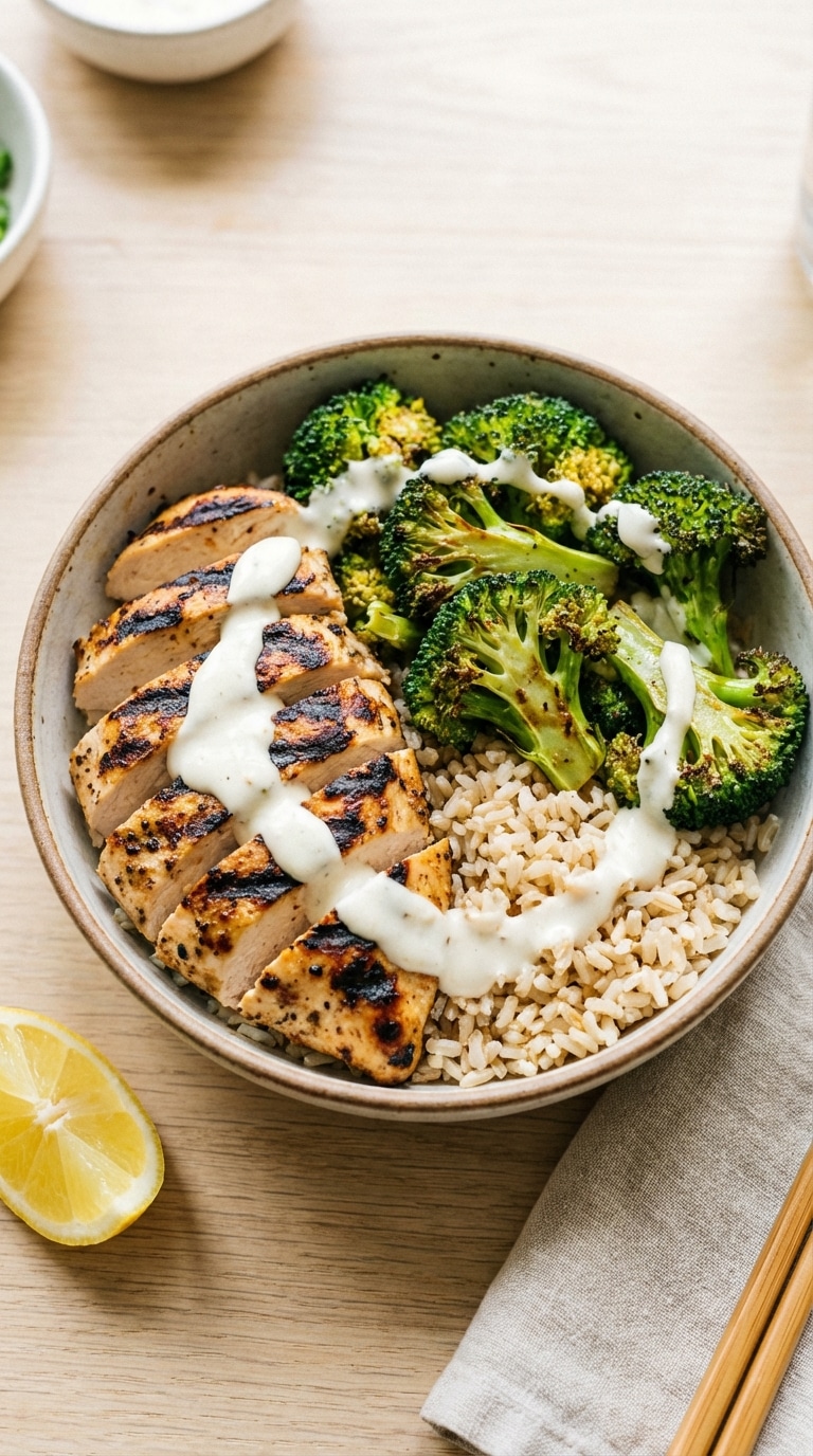 A healthy bowl with grilled chicken slices, charred broccoli, and brown rice drizzled with creamy white sauce.
