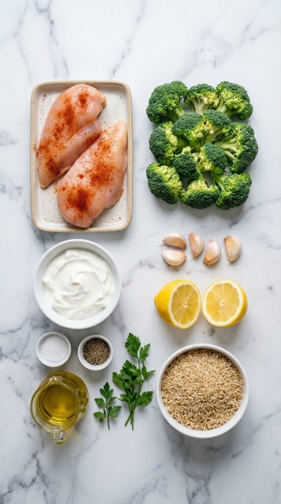 A flat lay showing seasoned raw chicken, fresh broccoli, yogurt, garlic, and lemons on a marble board.