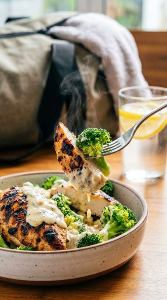 A close-up of a fork lifting grilled chicken and broccoli covered in white garlic sauce.