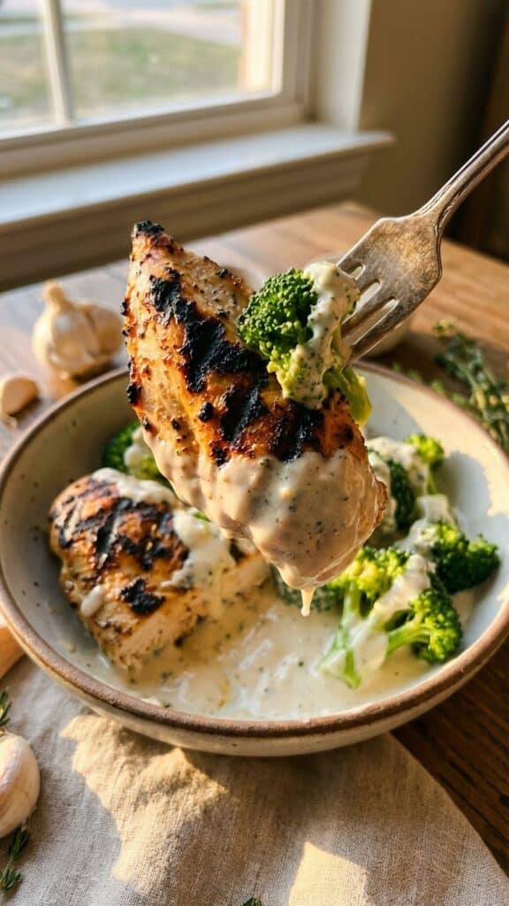 A close-up of a fork lifting grilled chicken and broccoli covered in creamy sauce.