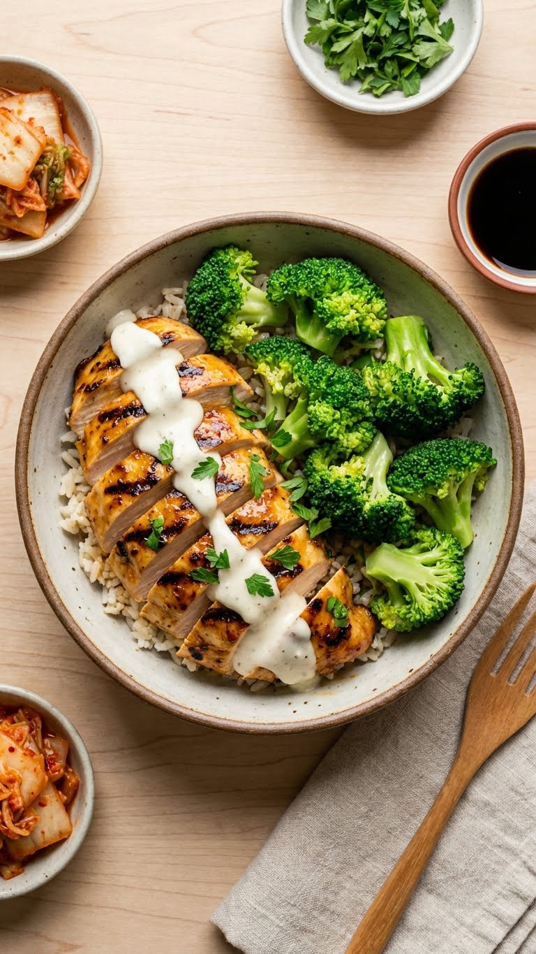 A top-down view of a rice bowl topped with grilled chicken, steamed broccoli, and drizzled with creamy white garlic sauce.
