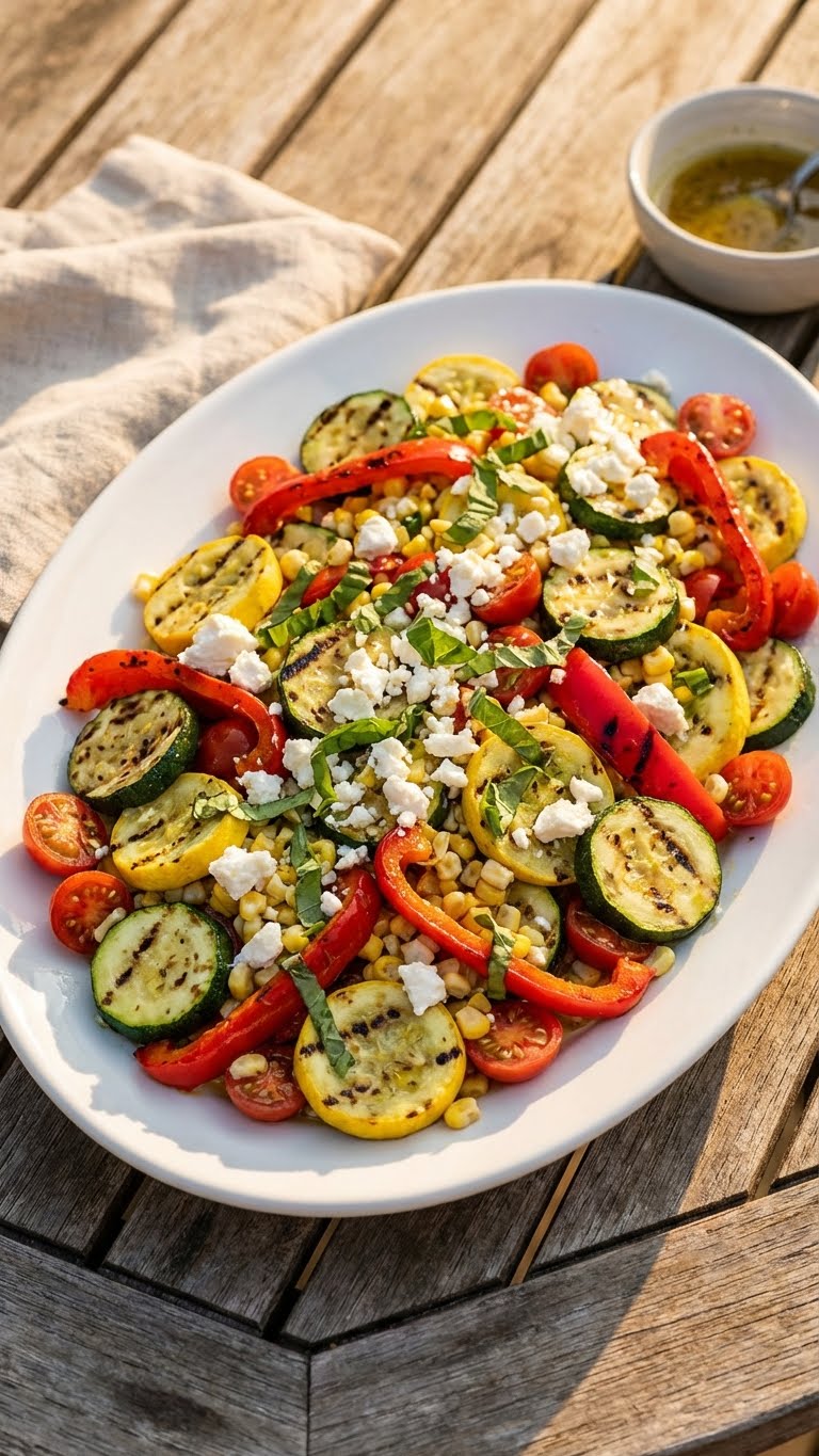 A large platter of grilled zucchini, corn, and peppers topped with feta cheese and herbs on an outdoor table.
