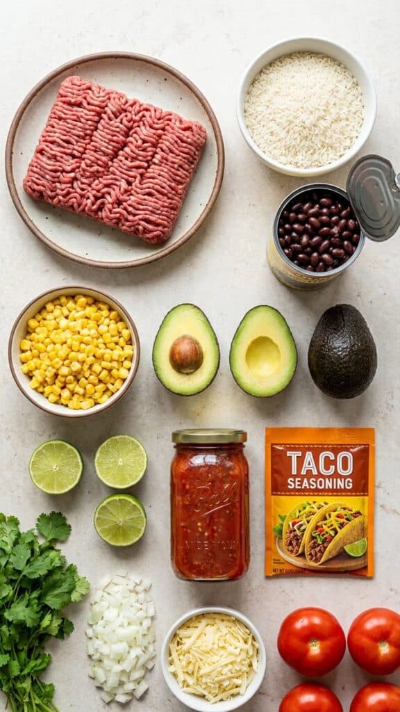 A flat lay showing raw ground beef, rice, beans, corn, avocado, and salsa on a table.