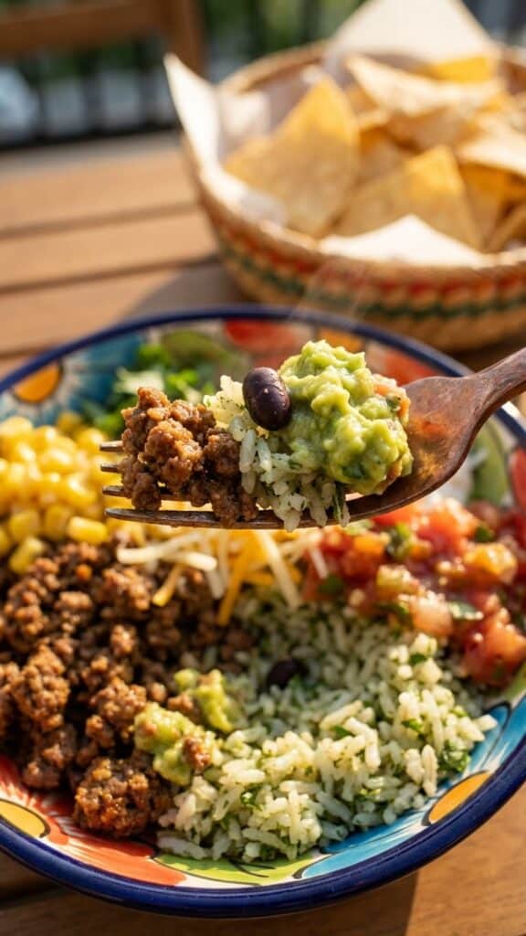A close-up of a fork lifting a bite of beef, rice, and guacamole from a burrito bowl.