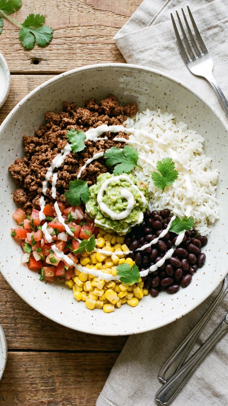 A top-down view of a loaded burrito bowl with ground beef, rice, beans, corn, salsa, and guacamole.