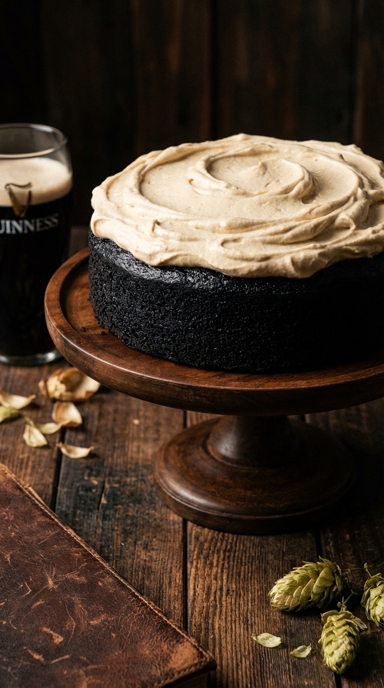 A dark chocolate cake topped with thick creamy frosting on a wooden stand in a moody setting.