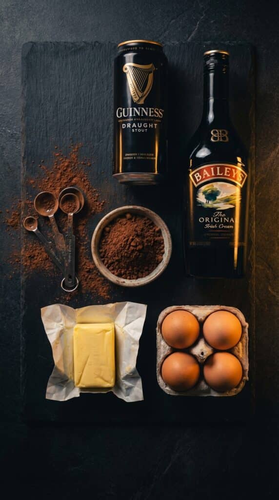 A flat lay showing a can of Guinness, bottle of Baileys, cocoa powder, and butter on a dark slate board.