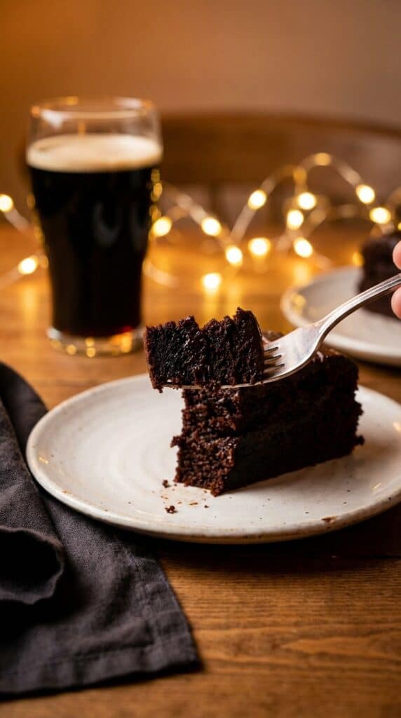 A close-up of a slice of dark chocolate stout cake with a fork, with a beer glass in the background.