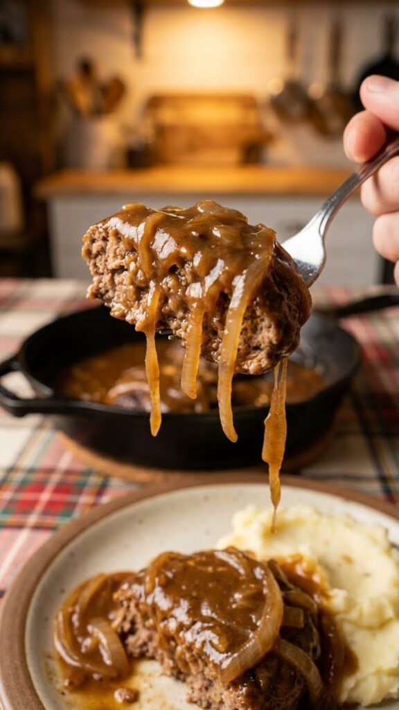A close-up POV shot of a fork lifting a bite of hamburger steak dripping with rich onion gravy.