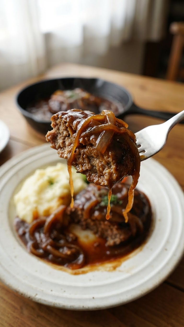A cast iron skillet filled with thick hamburger steaks smothered in a rich, dark onion gravy with steam rising, served on a rustic table with mashed potatoes.