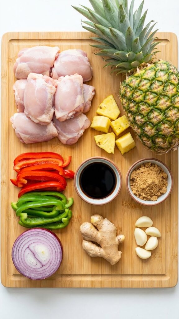 Overhead flat lay of ingredients: fresh pineapple, red and green peppers, chicken thighs, soy sauce, brown sugar, and ginger on a bamboo surface.