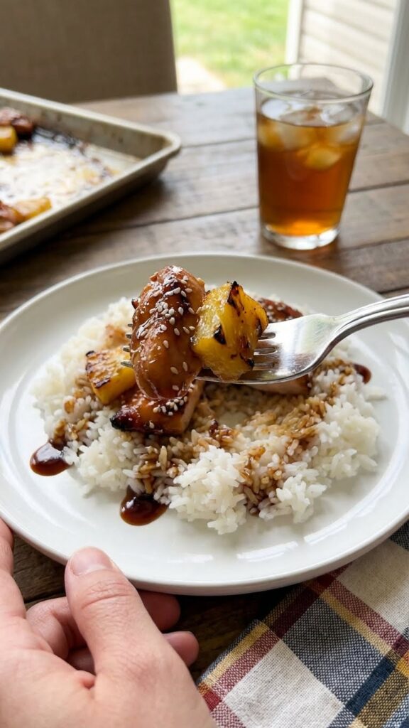 A close-up POV shot of a fork lifting a bite of glazed chicken and roasted pineapple over a bed of white rice.