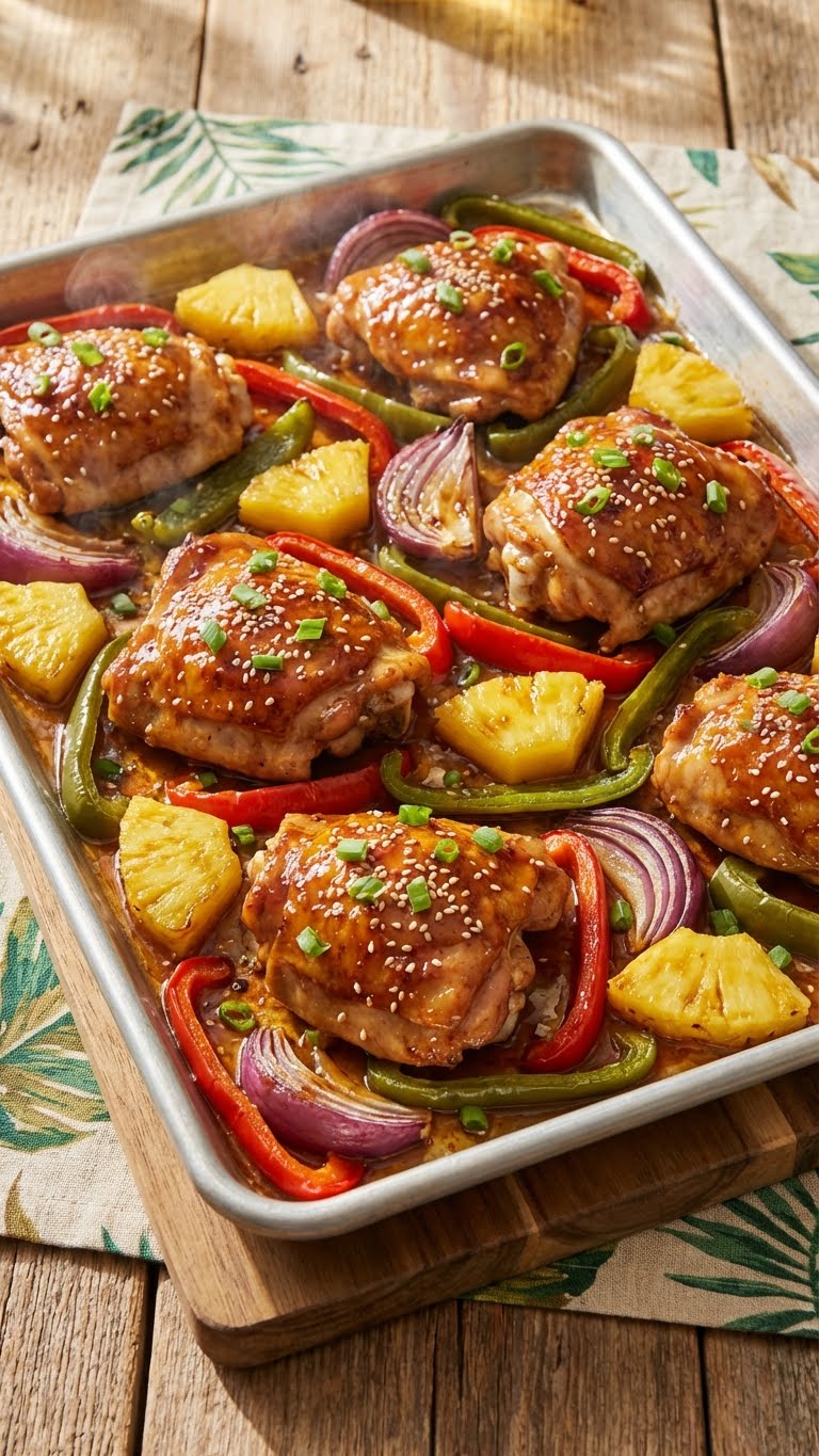 A sheet pan filled with roasted Hawaiian chicken thighs, caramelized pineapple chunks, and colorful bell peppers coated in a sticky glaze, garnished with sesame seeds.