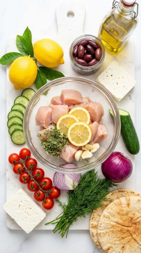 A flat lay showing raw chicken, fresh lemons, cucumbers, tomatoes, feta cheese, and olive oil on a marble surface.