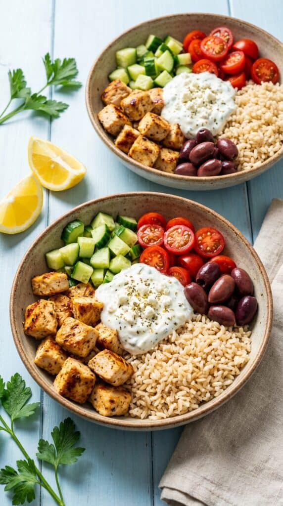 A close-up of a fork lifting a bite of chicken, feta, and cucumber with tzatziki sauce.