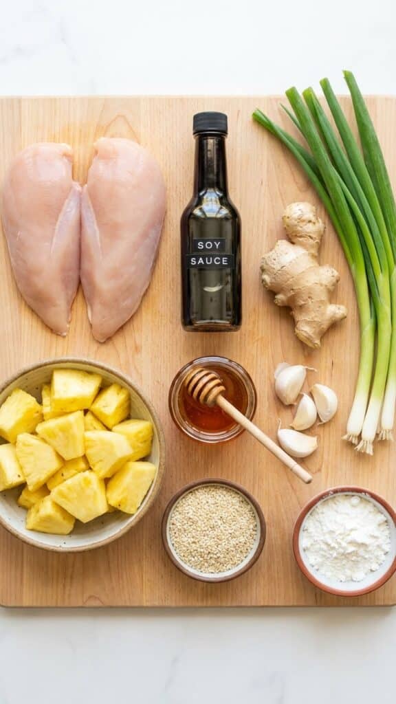 A flat lay showing raw chicken, pineapple, soy sauce, honey, ginger, and garlic on a wooden board.