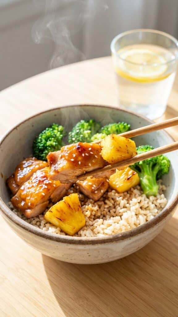 A close-up of chopsticks lifting a piece of teriyaki chicken and pineapple from a rice bowl with broccoli.