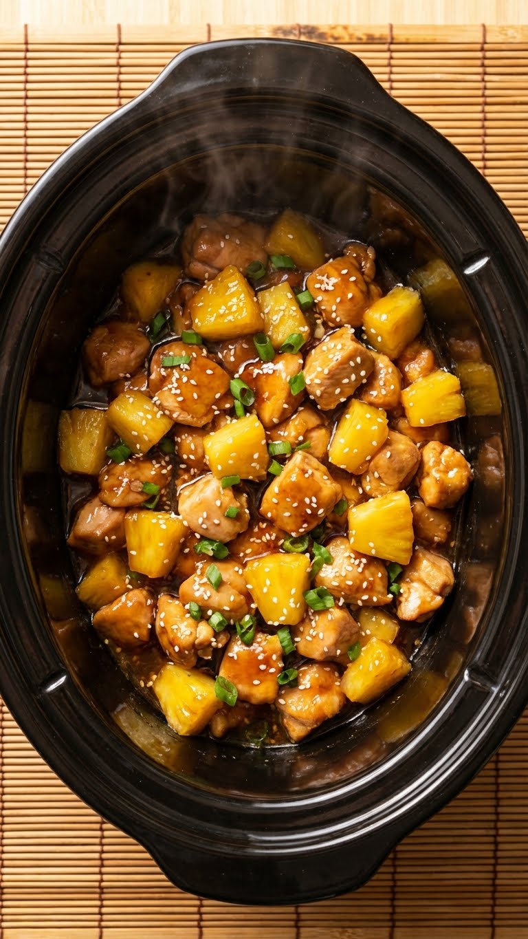 A top-down view inside a slow cooker filled with glossy teriyaki chicken and pineapple chunks, garnished with sesame seeds.