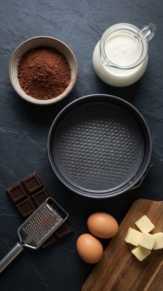 A flat lay showing cocoa powder, sugar, flour, eggs, oil, and a steaming cup of boiling water.