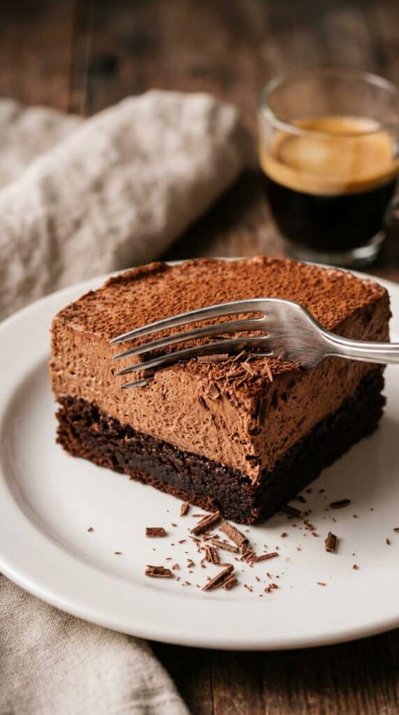 A close-up of a fork cutting into a very moist slice of dark chocolate cake with a glass of milk in the background.