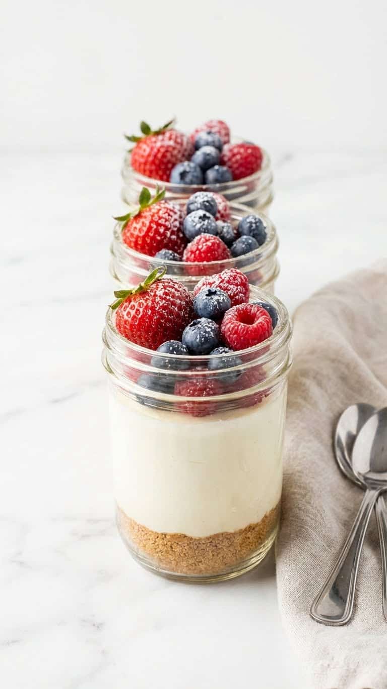 Three glass jars filled with layered cheesecake dessert topped with fresh berries on a marble counter.