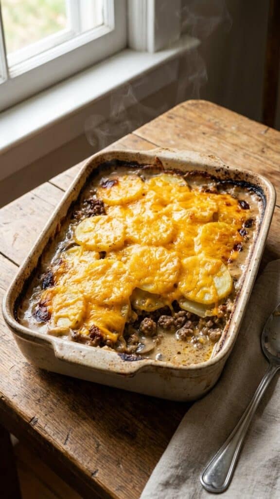 A rectangular baking dish filled with beef and potato casserole, topped with golden melted cheese and sliced potatoes.
