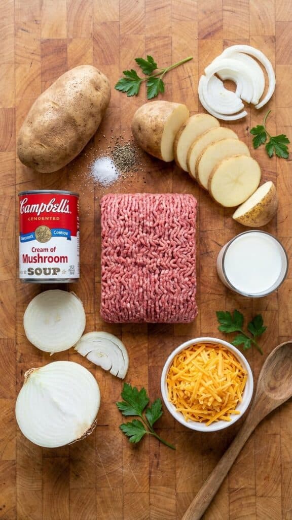 Overhead flat lay view of ingredients: ground beef, russet potatoes, onion, mushroom soup, milk, and cheddar cheese.