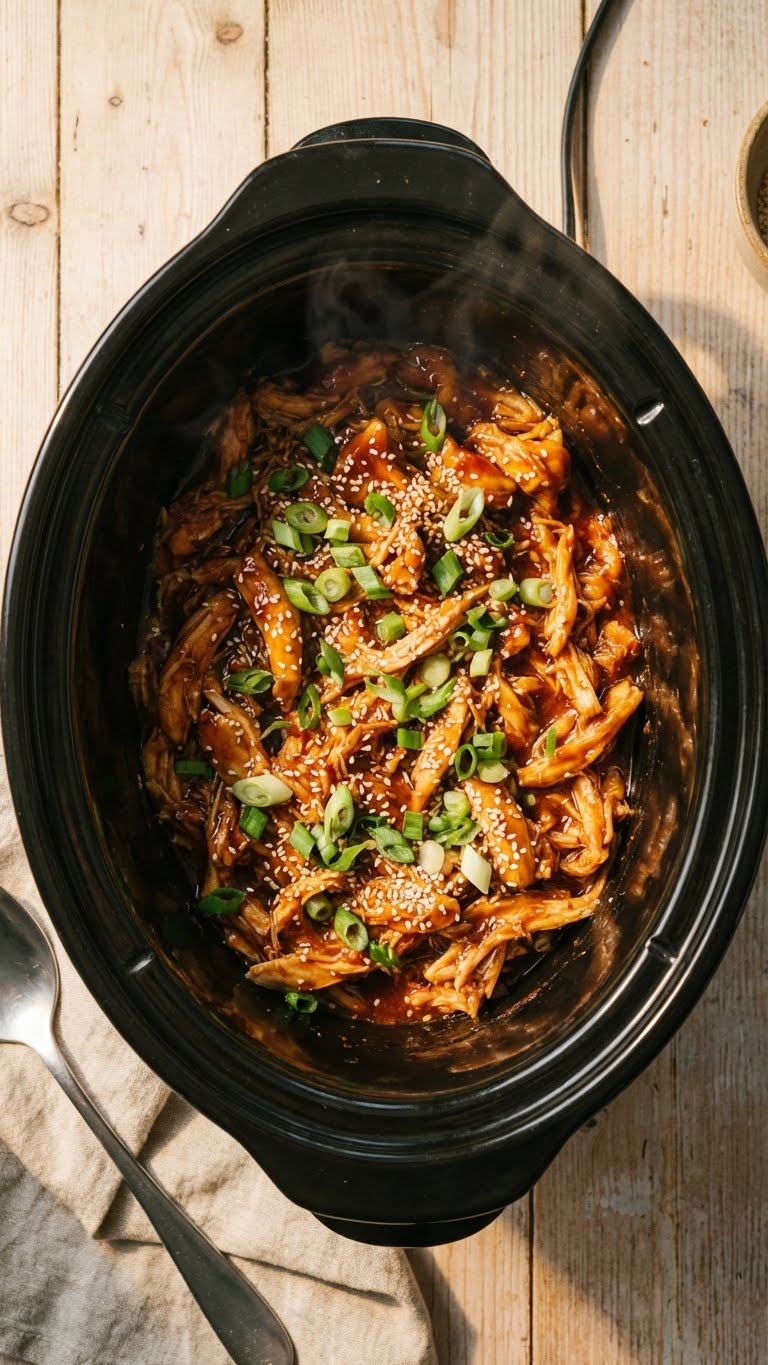 A top-down view inside a slow cooker filled with shredded chicken in a sticky honey BBQ sauce, garnished with green onions and sesame seeds.