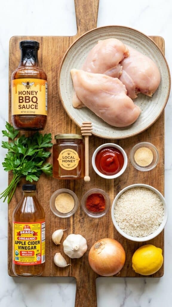 A flat lay showing raw chicken, BBQ sauce, honey, spices, and rice on a wooden board.