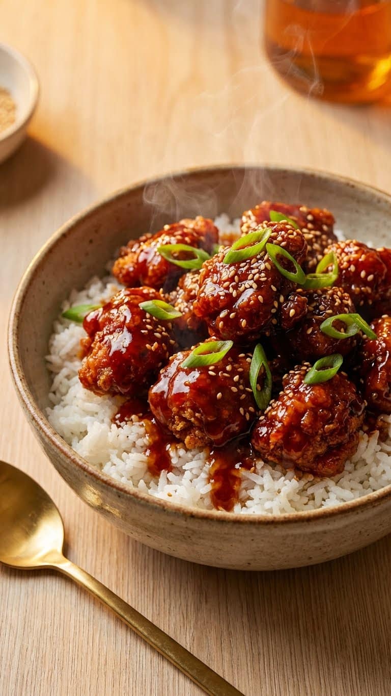 A bowl of white rice topped with sticky honey BBQ chicken bites, green onions, and sesame seeds.