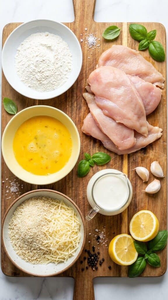 A flat lay showing raw chicken and a 3-step breading station with flour, eggs, and panko-parmesan mix, plus cream and garlic.