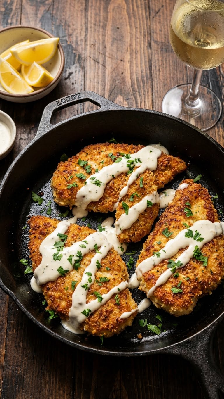 Golden crispy parmesan chicken cutlets in a skillet drizzled with creamy white garlic sauce and garnished with parsley.