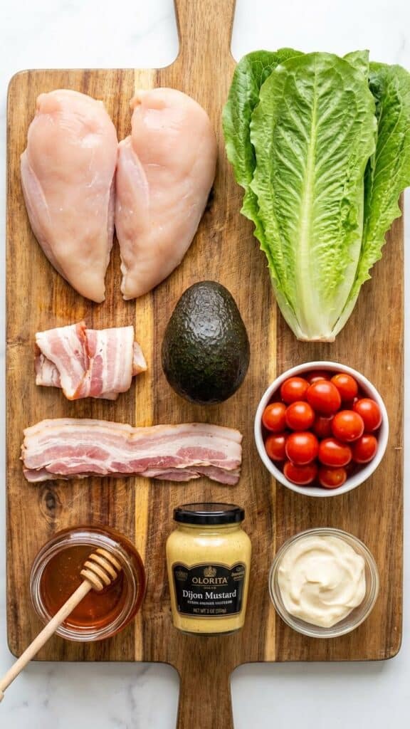 A flat lay showing raw chicken, romaine lettuce, avocado, bacon, honey, mustard, and tomatoes on a wooden board.