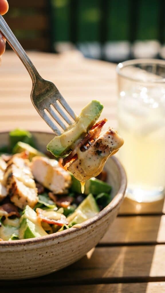 : A close-up of a fork lifting chicken, avocado, and bacon with dressing from a salad bowl.