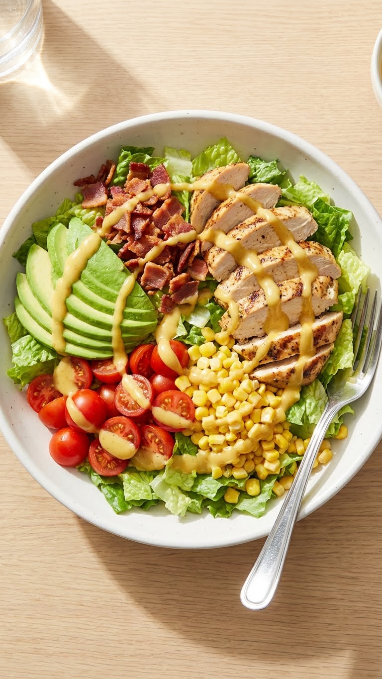 A large bowl of salad with grilled chicken, bacon, avocado, tomatoes, and corn, drizzled with honey mustard dressing.