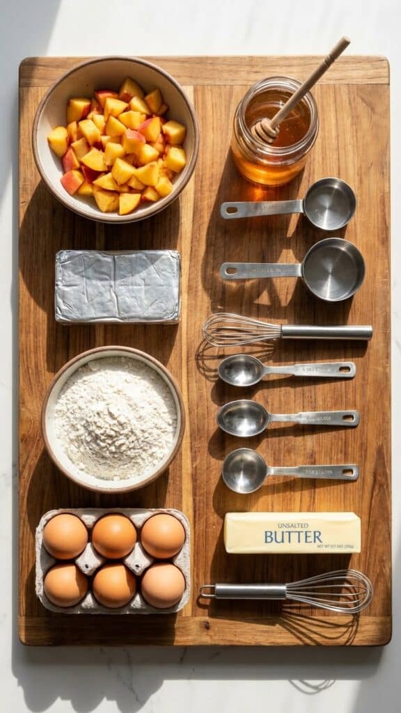 A flat lay showing fresh peaches, a jar of honey, cream cheese, butter, and flour on a wooden board.