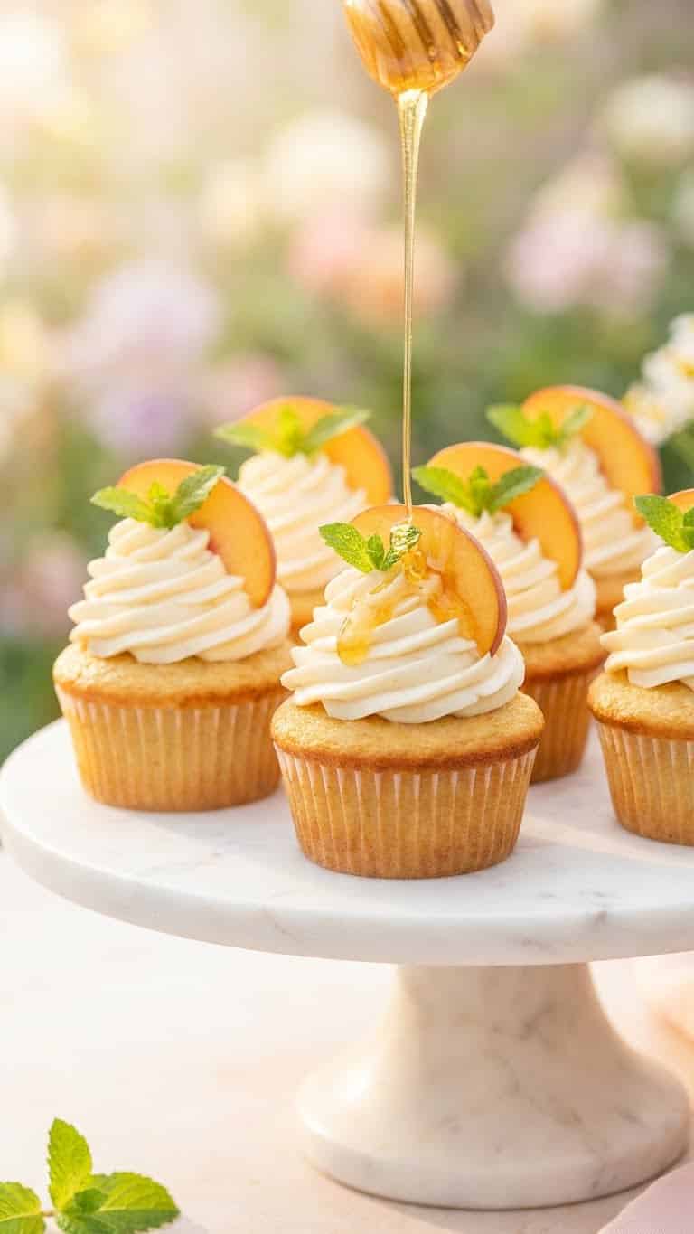 Honey peach cupcakes on a stand with cream cheese frosting, topped with fresh peach slices and drizzled with honey.