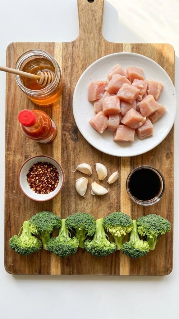 A flat lay showing raw chicken, honey, hot sauce, chili flakes, and broccoli on a wooden board.