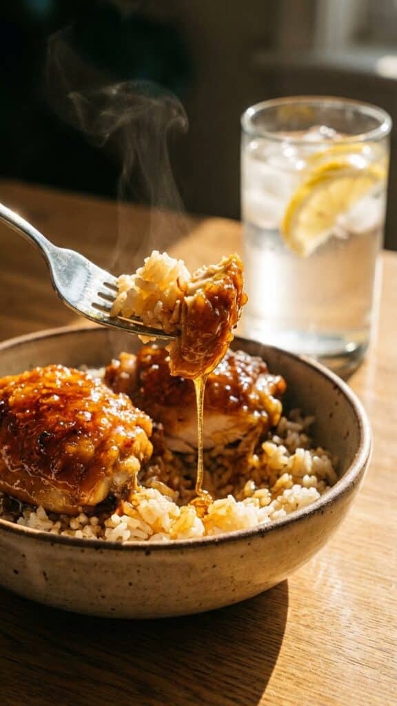 A close-up of a fork lifting a bite of sticky hot honey chicken and rice.