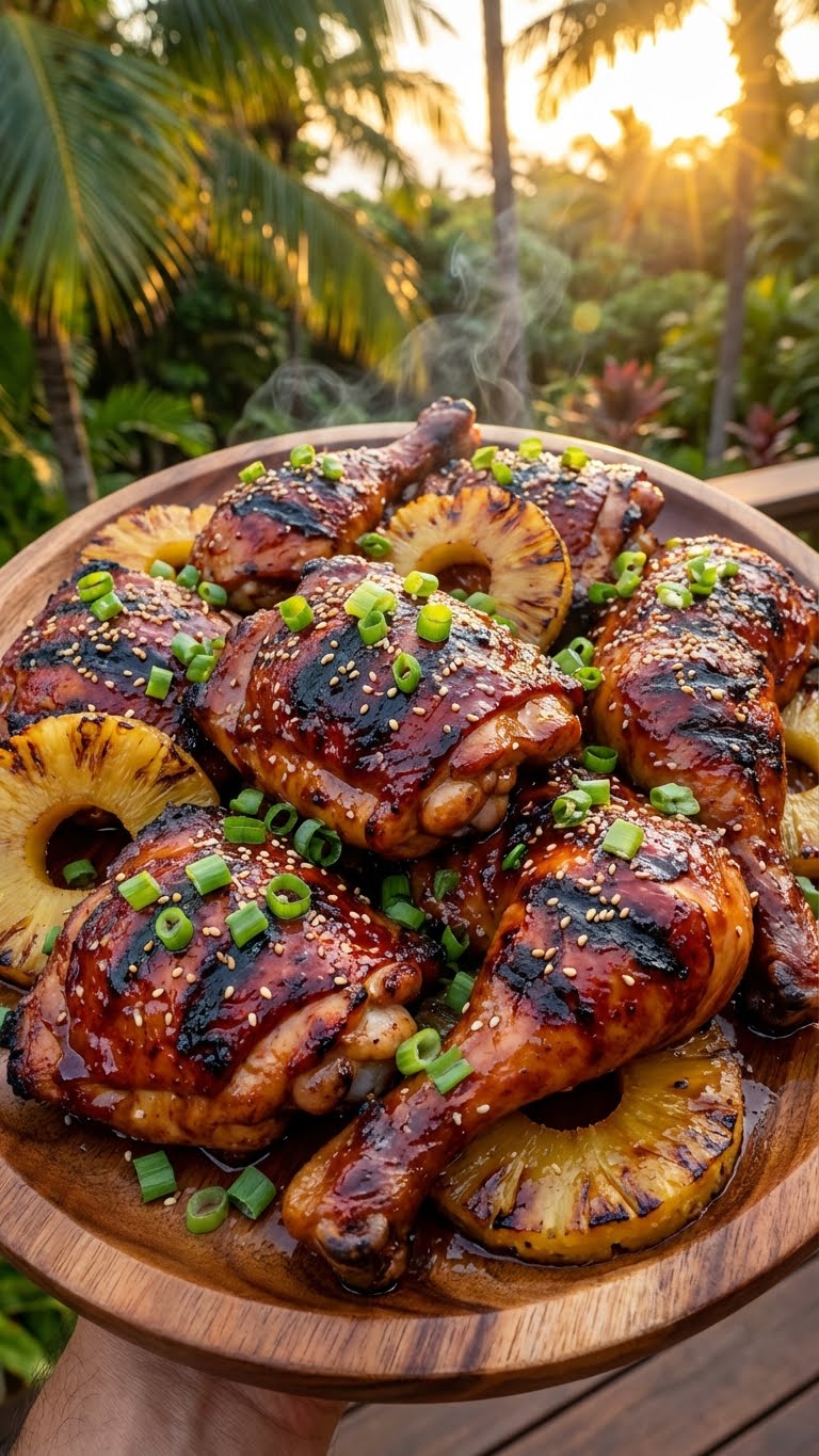 A wooden platter piled with grilled Huli Huli chicken glazed in sticky sauce, served with grilled pineapple and green onions.