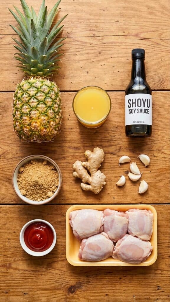 verhead flat lay of ingredients for Huli Huli chicken including fresh pineapple, soy sauce, ginger, garlic, and brown sugar.