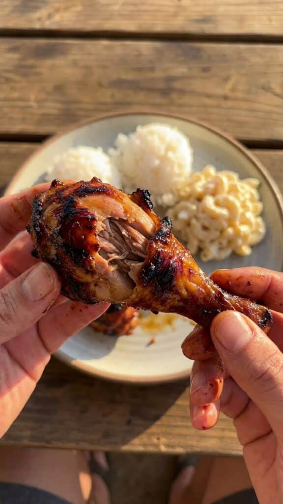 A close-up POV shot of hands holding a bitten Huli Huli chicken drumstick, showing juicy meat and sticky glaze.