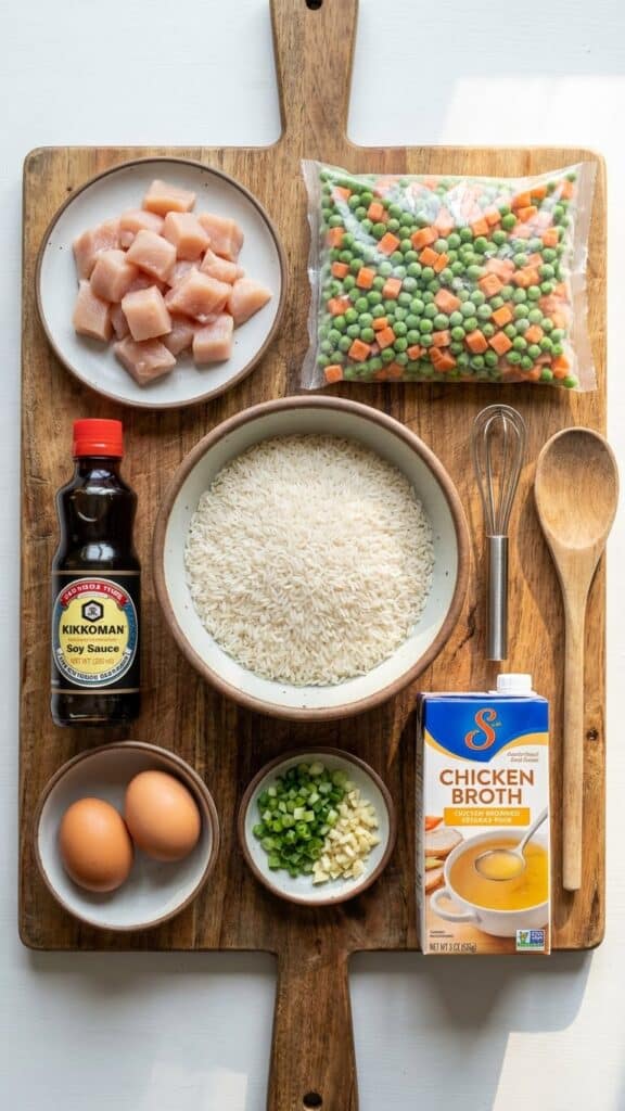 A flat lay showing raw rice, diced chicken, frozen vegetables, soy sauce, eggs, and broth on a wooden board.