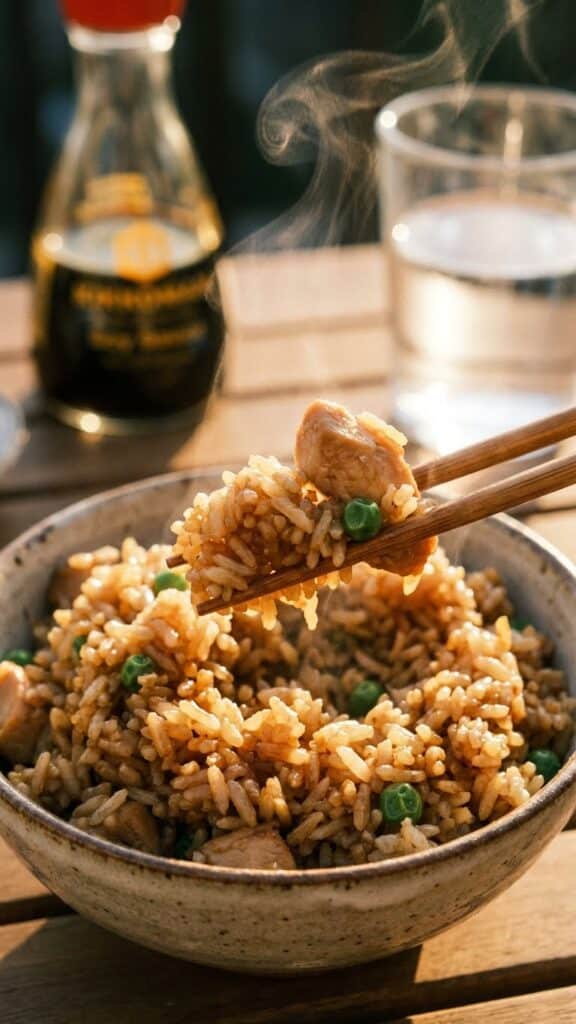 A close-up of chopsticks lifting steaming chicken fried rice from a bowl.