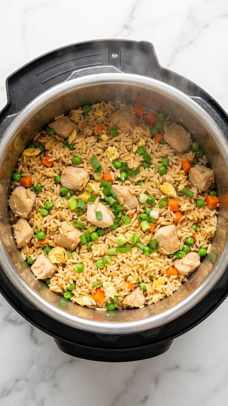 A top-down view inside an Instant Pot filled with chicken fried rice, peas, carrots, and eggs.